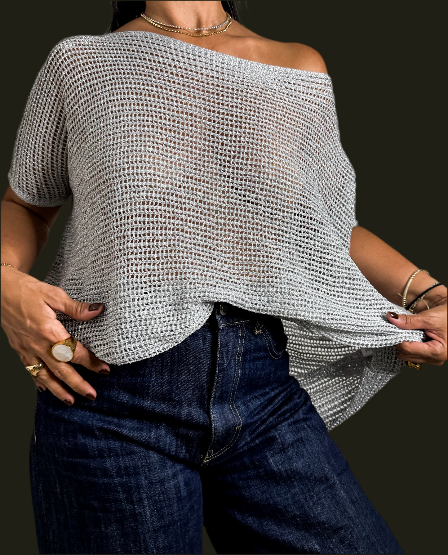 Metallic Silver Knit Top