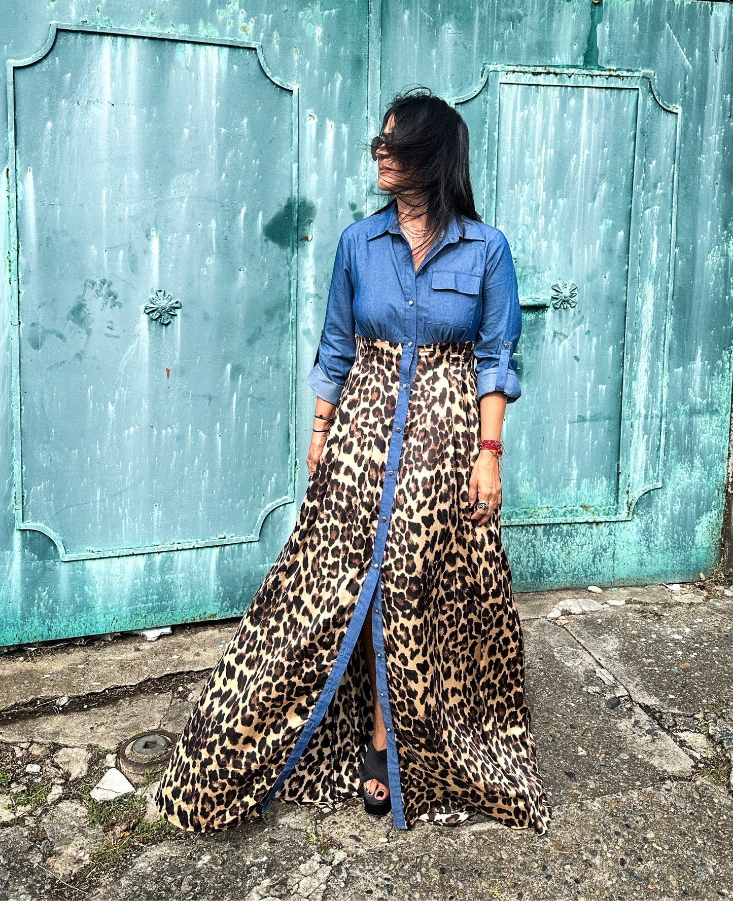 Contrast Animal Print and Denim Maxi