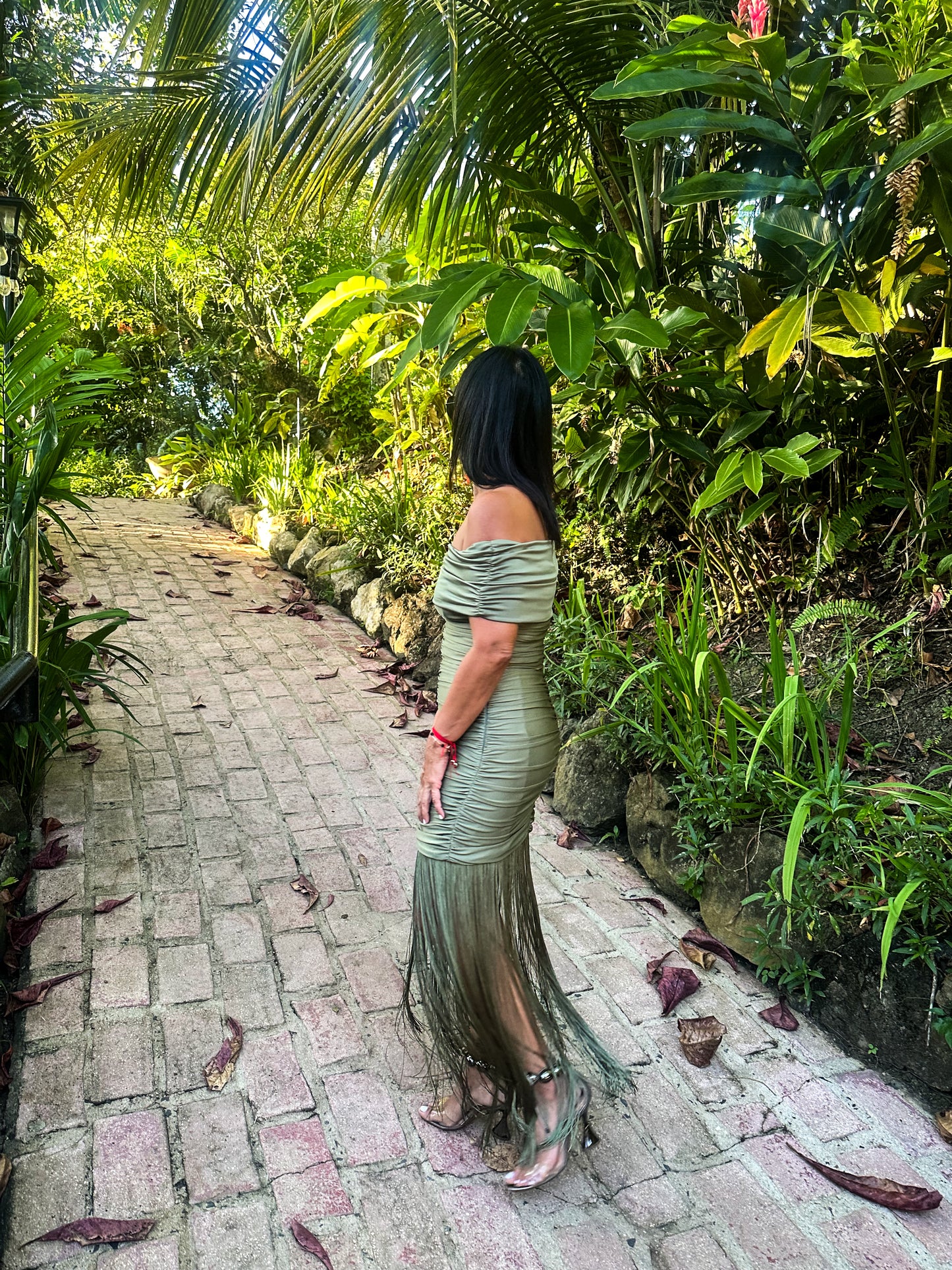 Off Shoulder Fringe Midi Dress