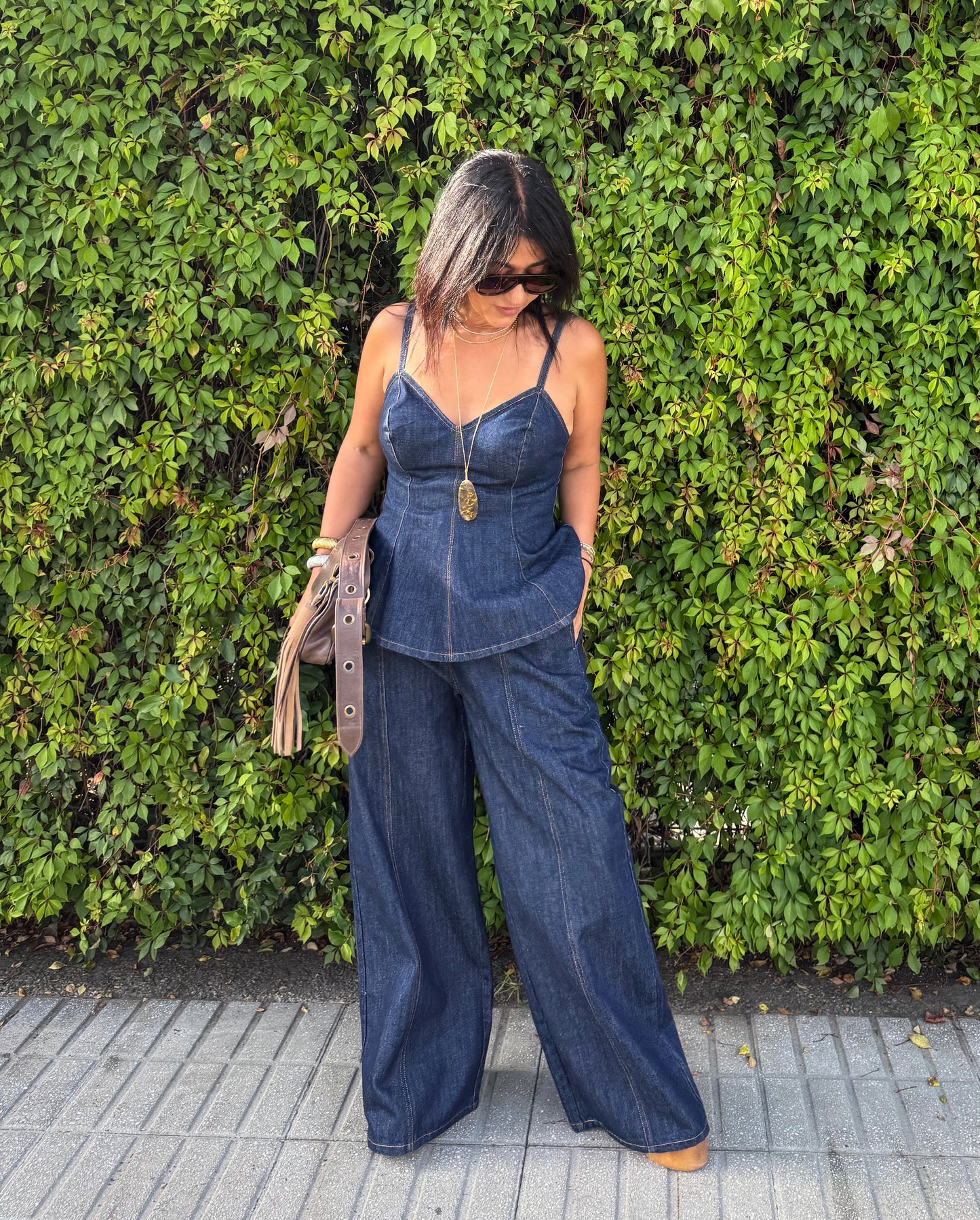 Denim Peplum Top and Pants Set