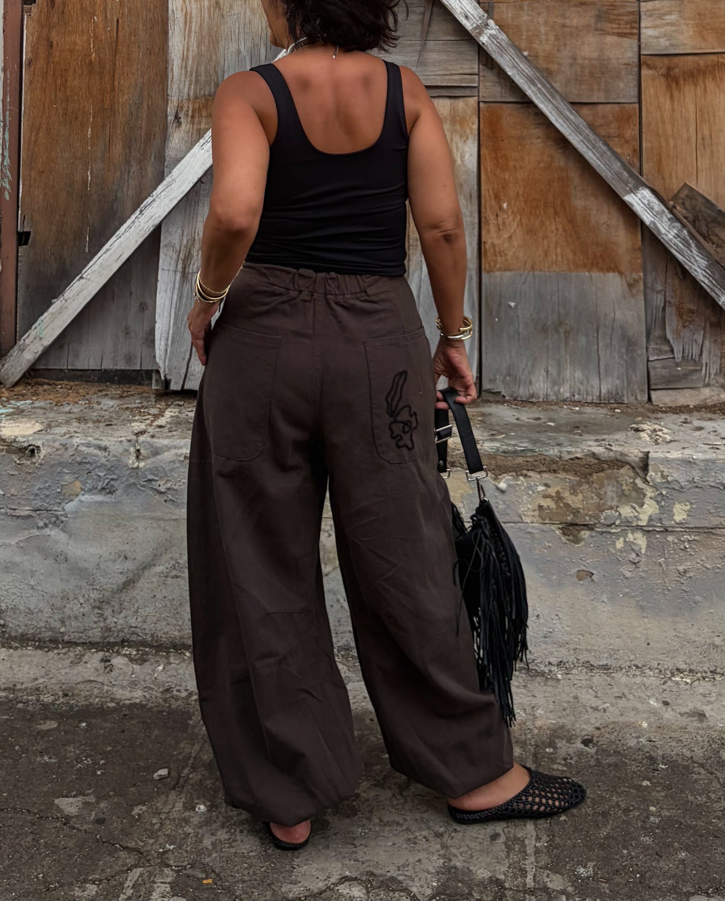 Embroidered Barrel Pants