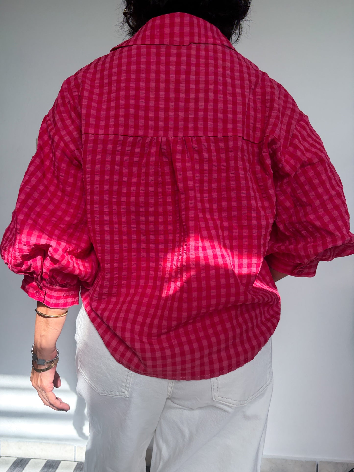 Gingham Bubble Sleeve Shirt Top
