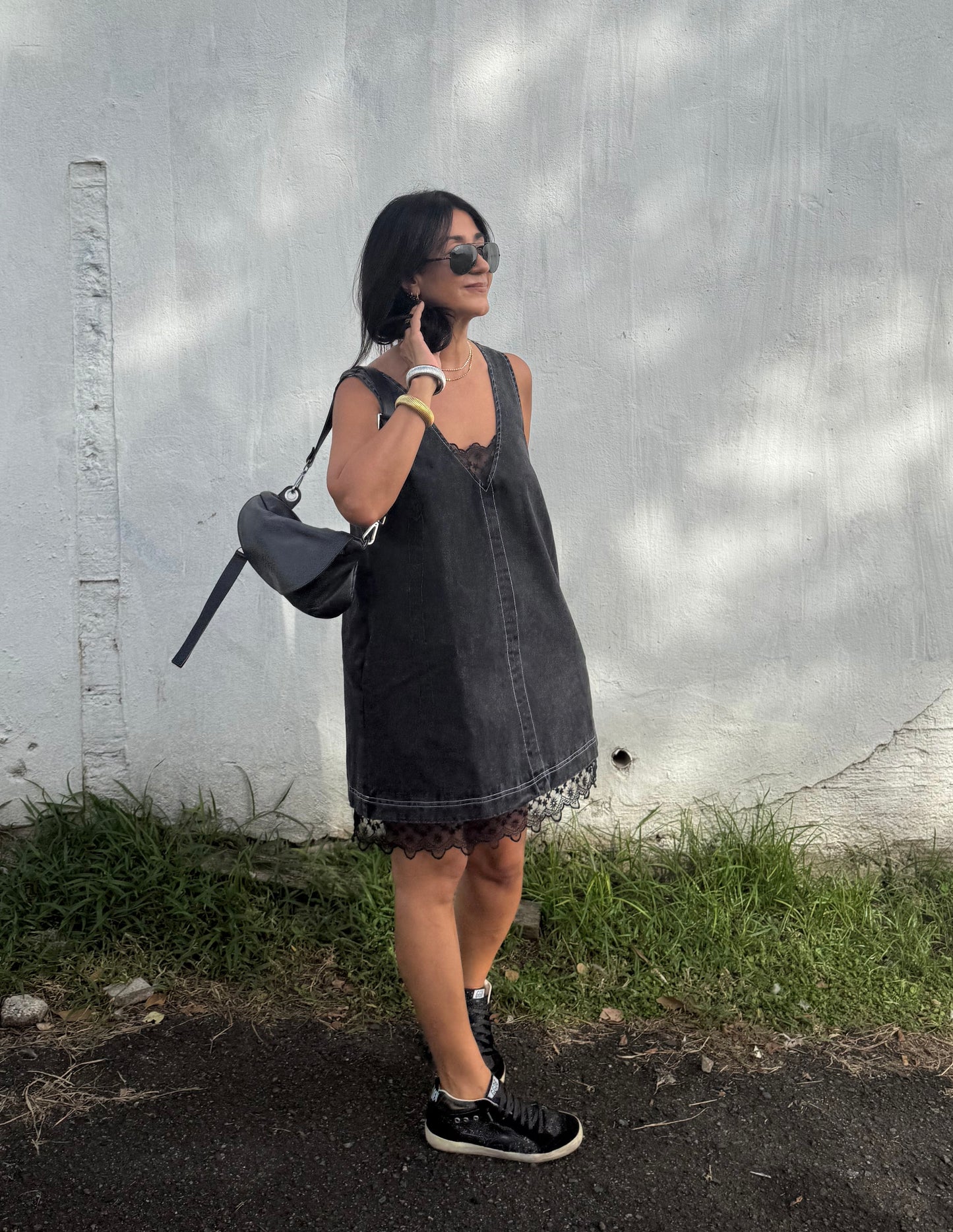 Denim Washed Contrast Lace Dress