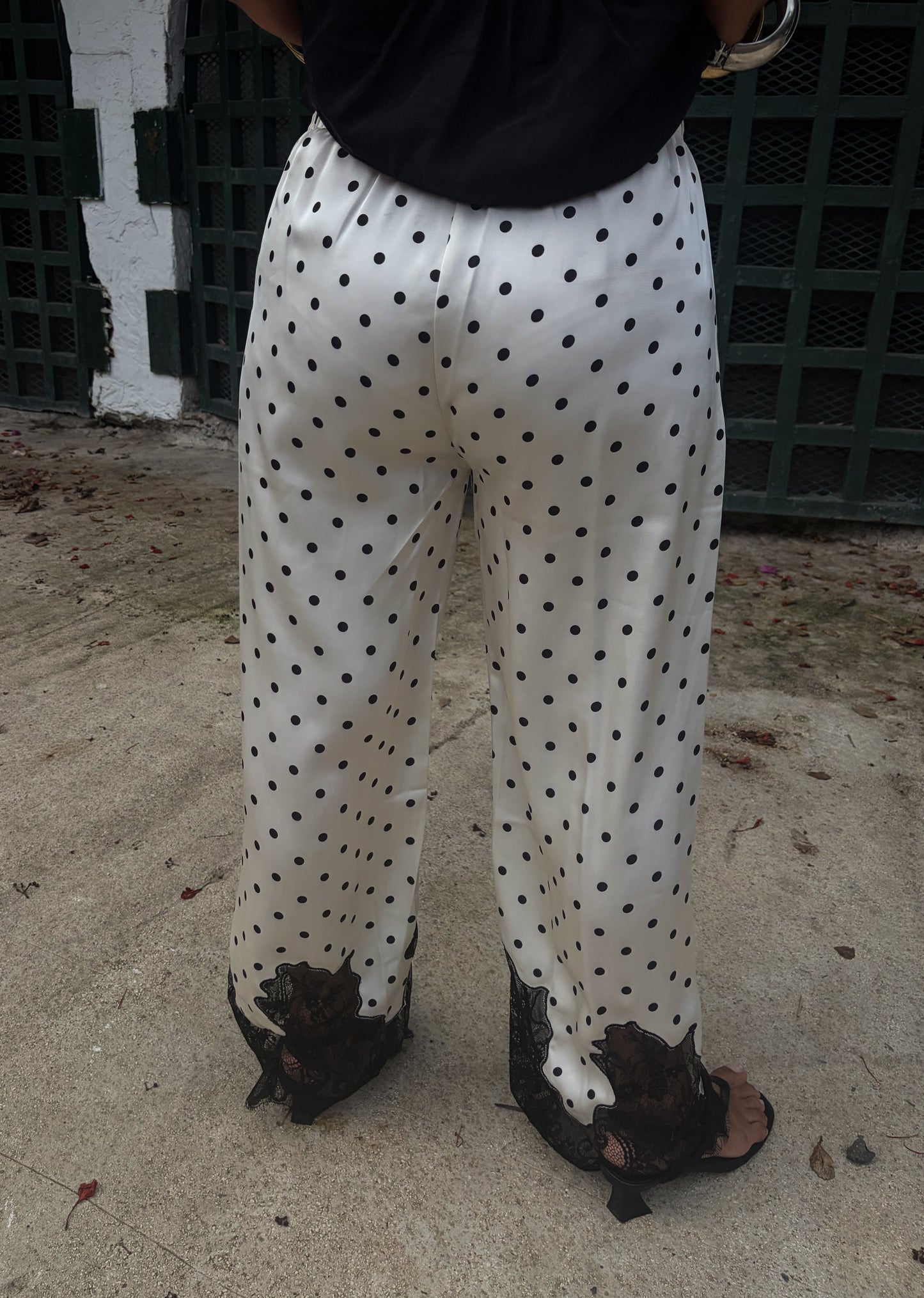 Polka Dots Satin Lace Trim Pants