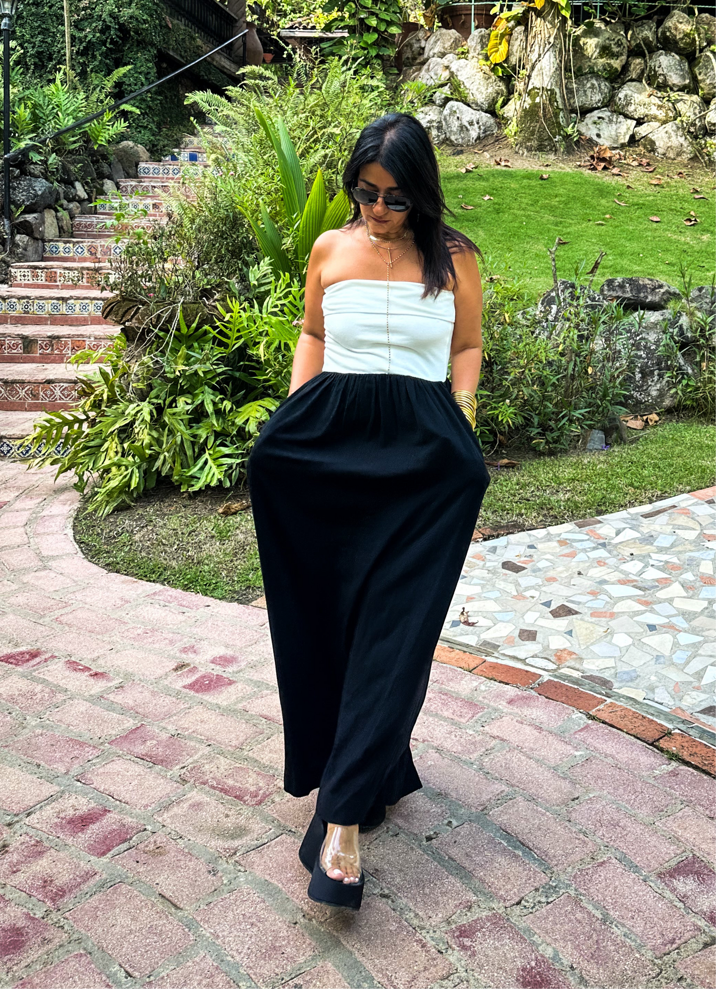 Black and White Strapless Maxi Dress