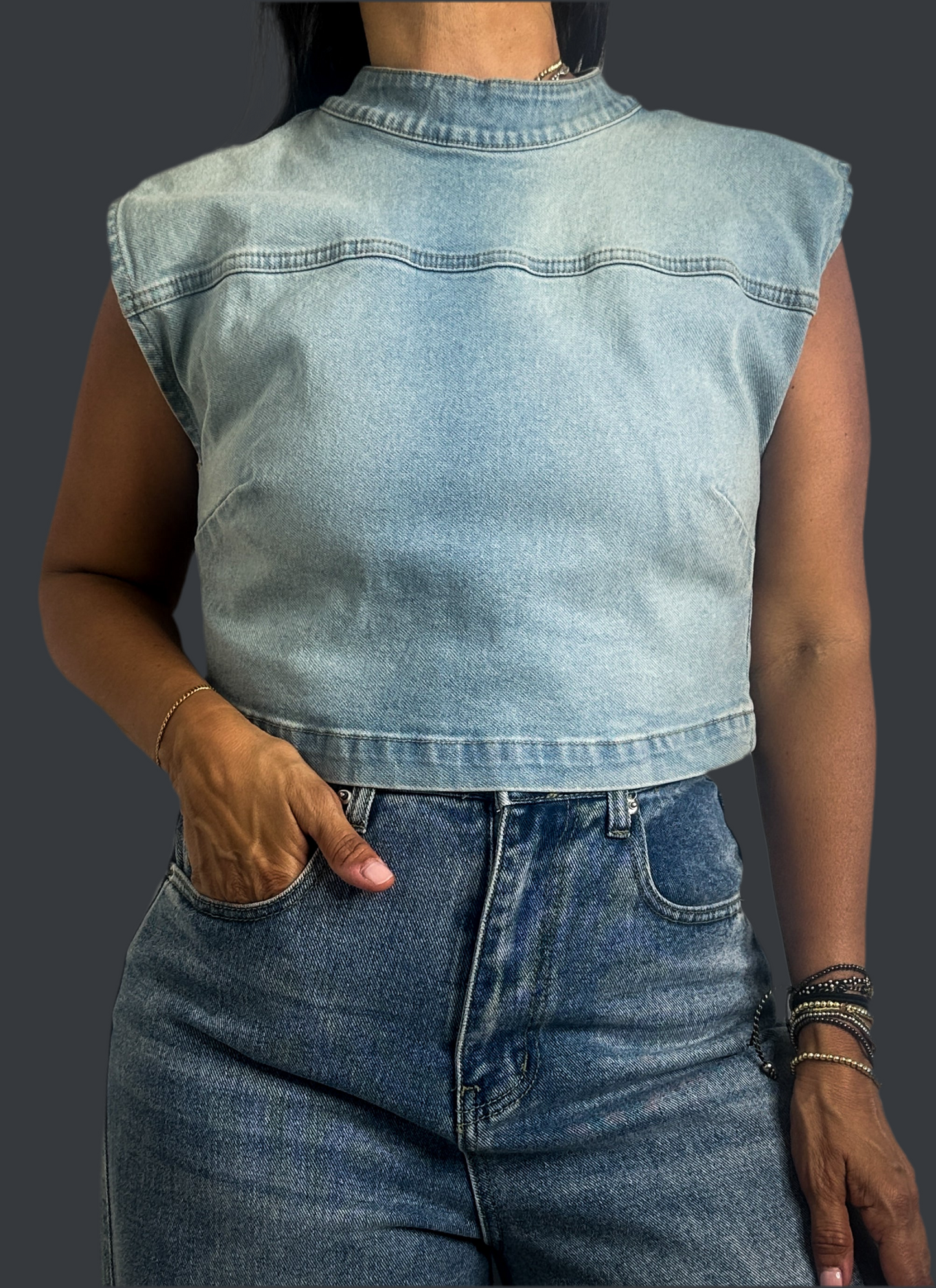 Denim Back Zipper Top