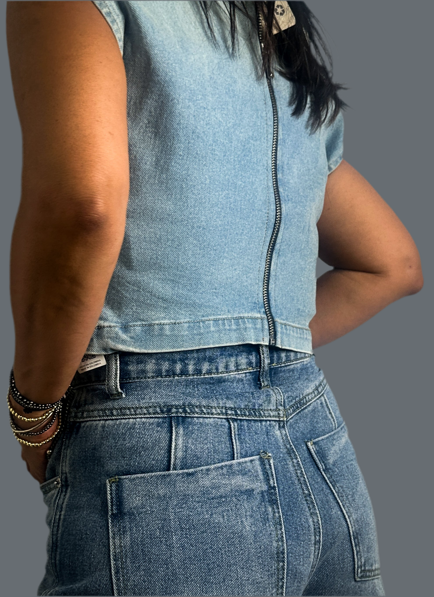 Denim Back Zipper Top