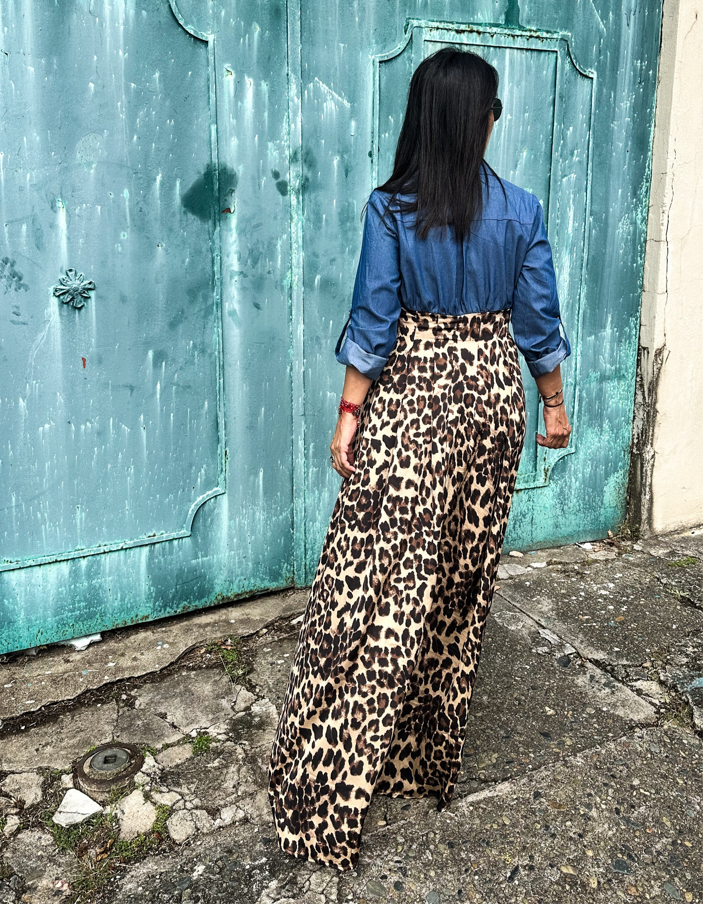 Contrast Animal Print and Denim Maxi