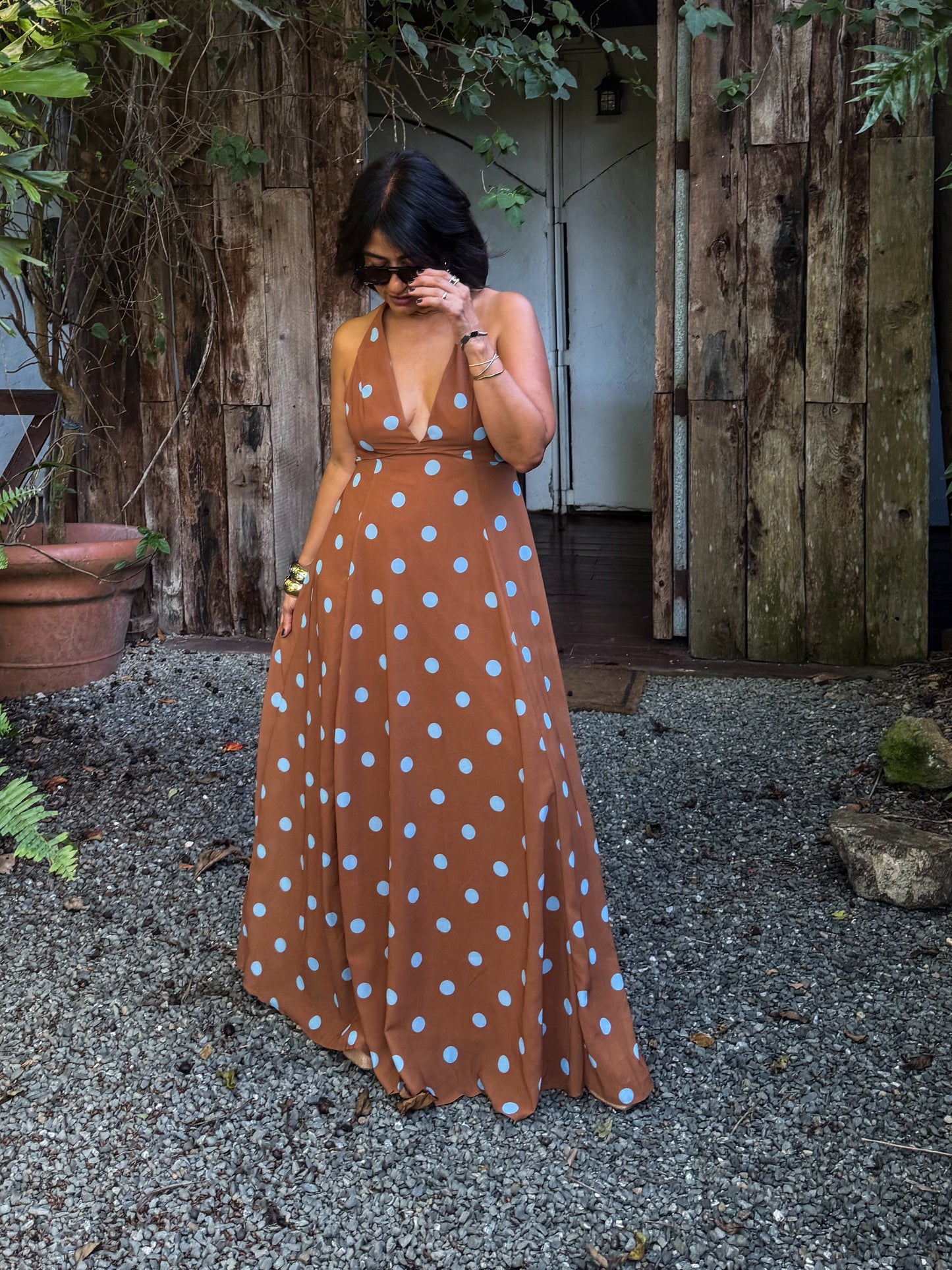Brown/Blue Polka Dots Maxi Dress