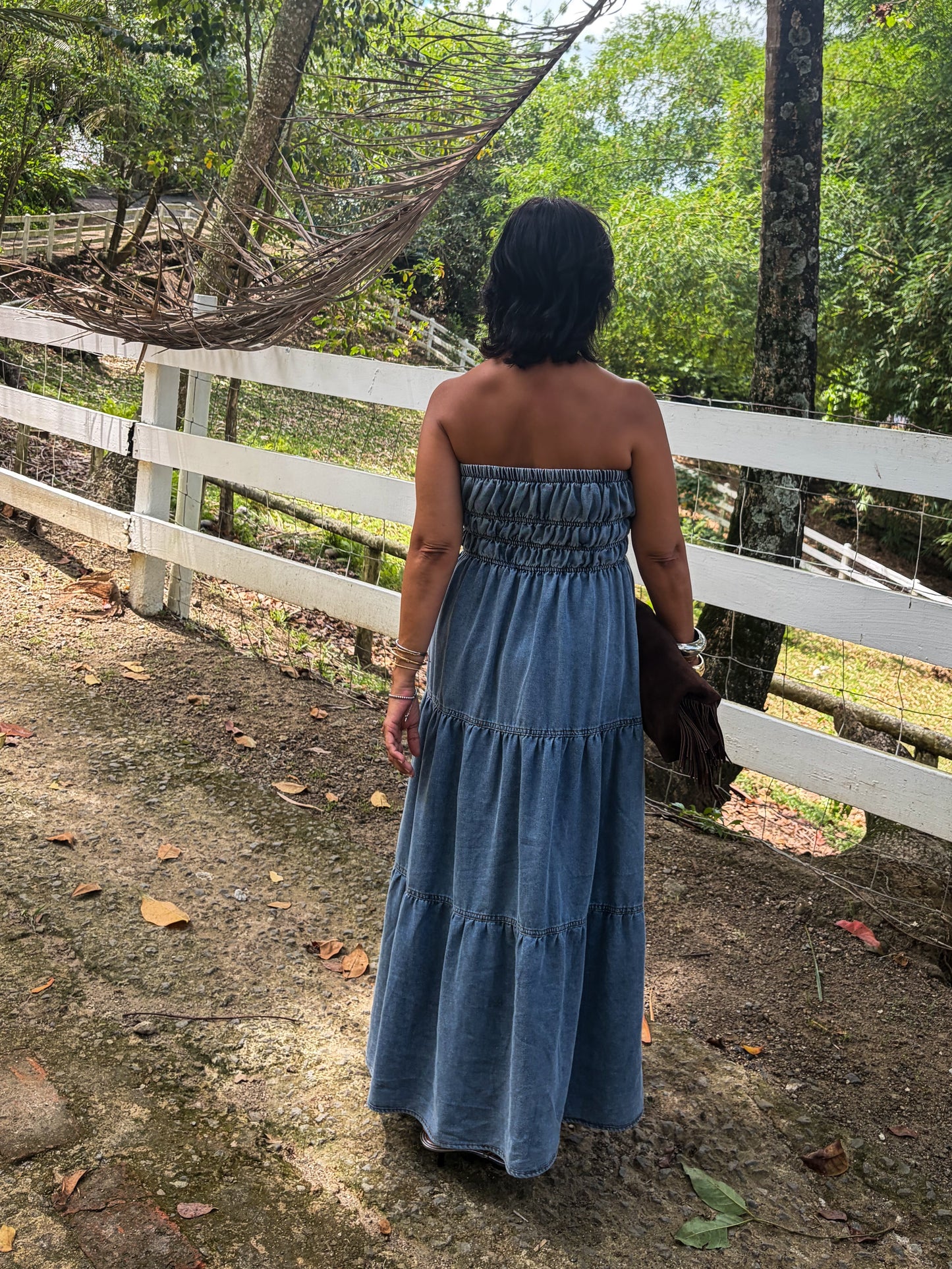 Strapless Tiered Denim Midi Dresd