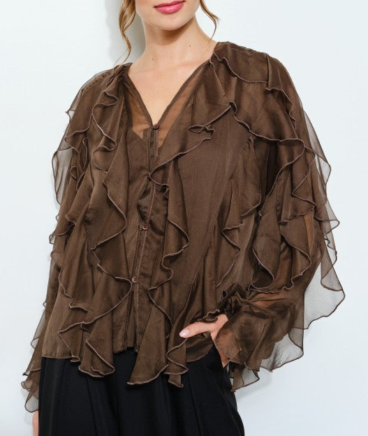 Espresso Layered Ruffle Sheer Blouse