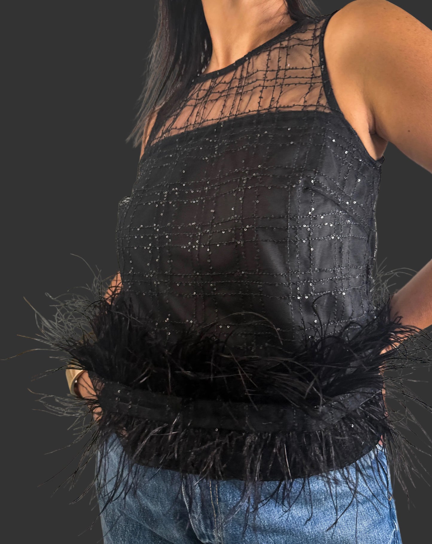 Feather Trim SequinMesh Top
