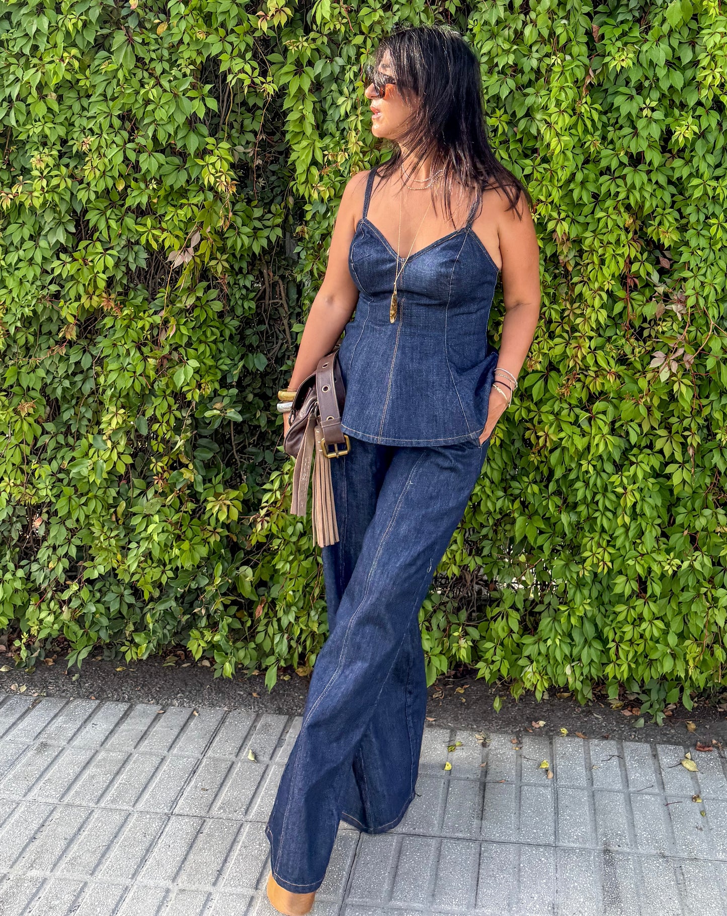 Denim Peplum Top and Pants Set