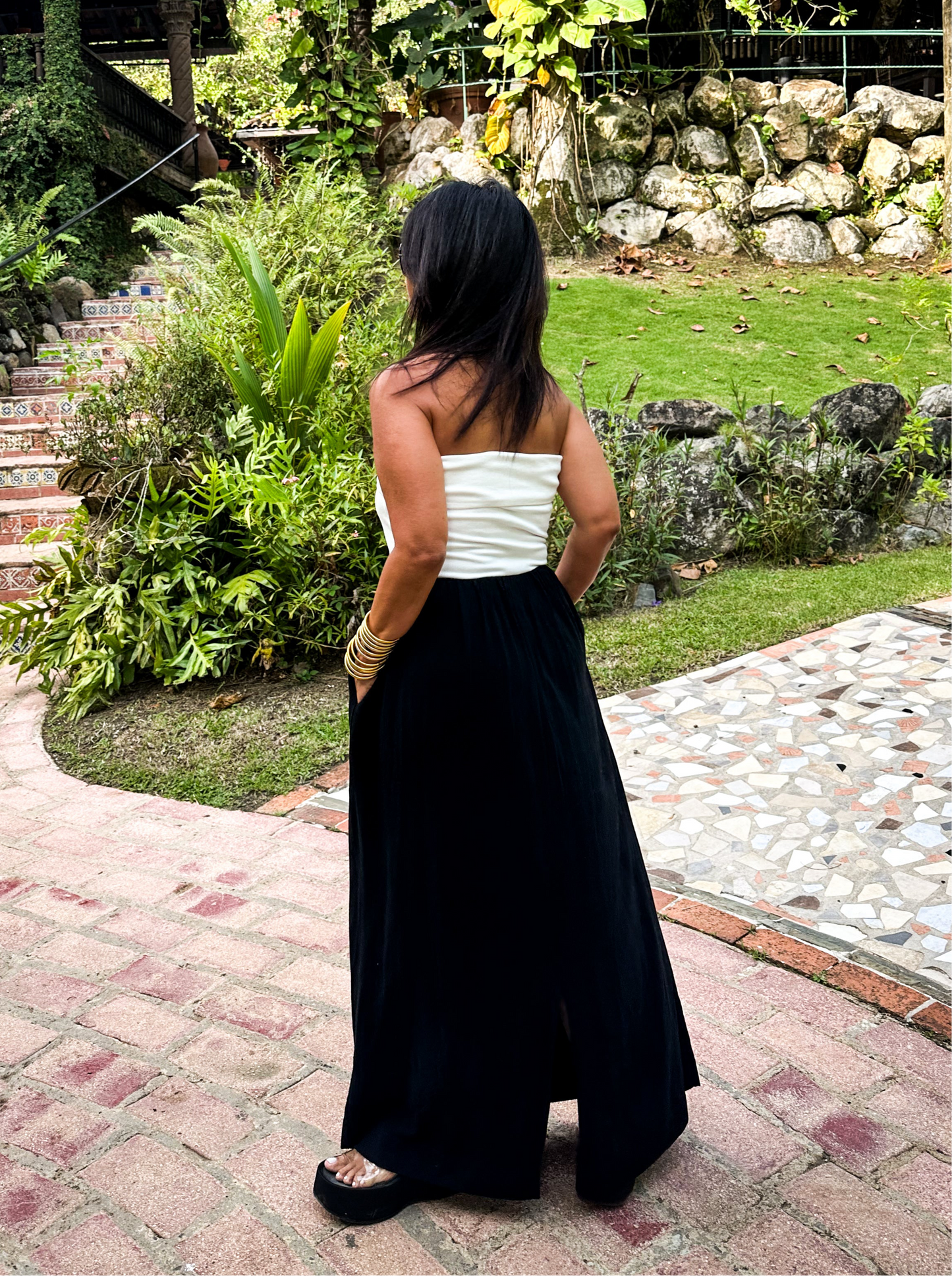 Black and White Strapless Maxi Dress
