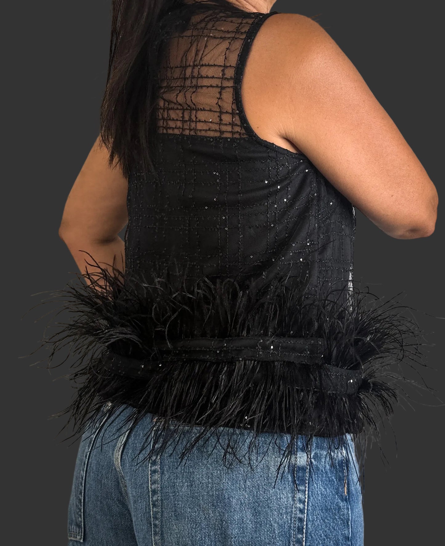 Feather Trim SequinMesh  Top
