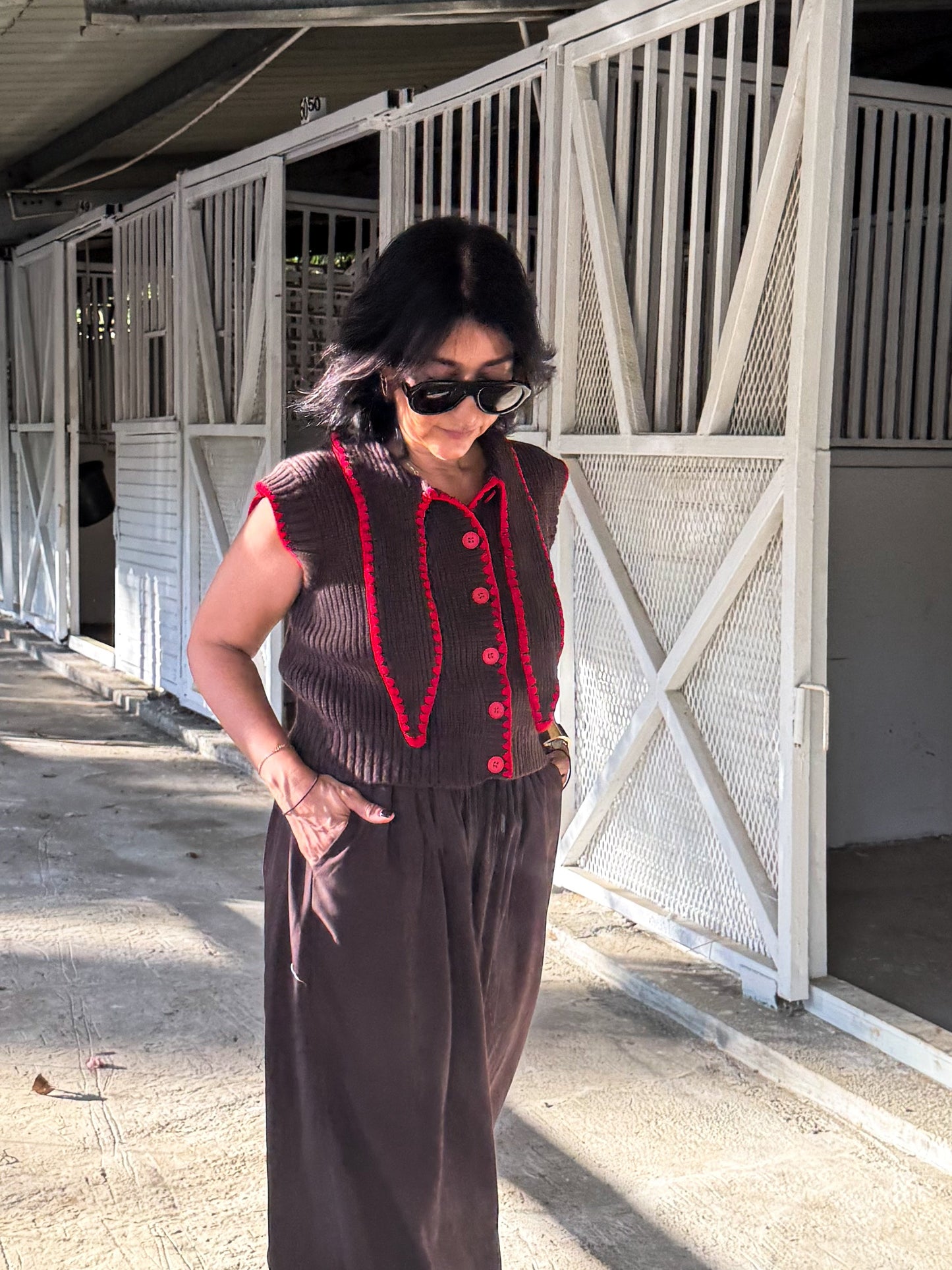 Brown and Red Tie Neck Top