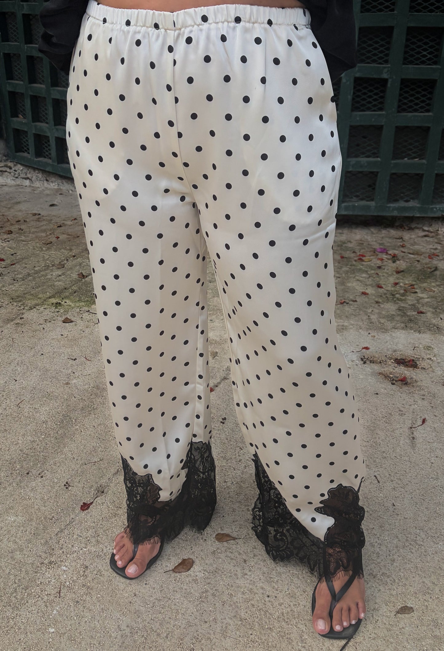 Polka Dots Satin Lace Trim Pants