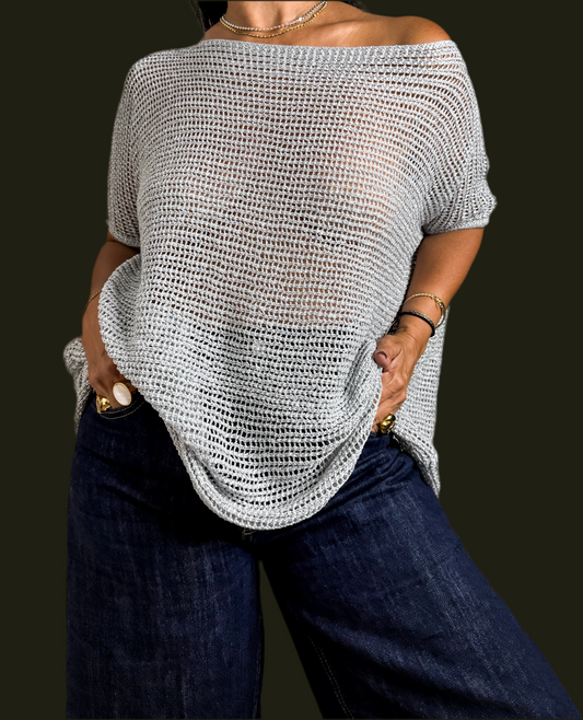 Metallic Silver Knit Top