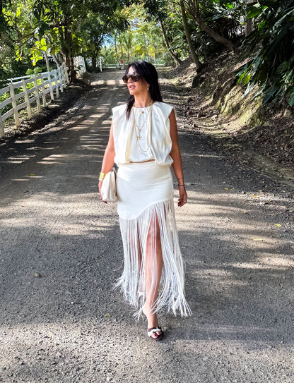 Cream Asymmetric Fringes Skirt