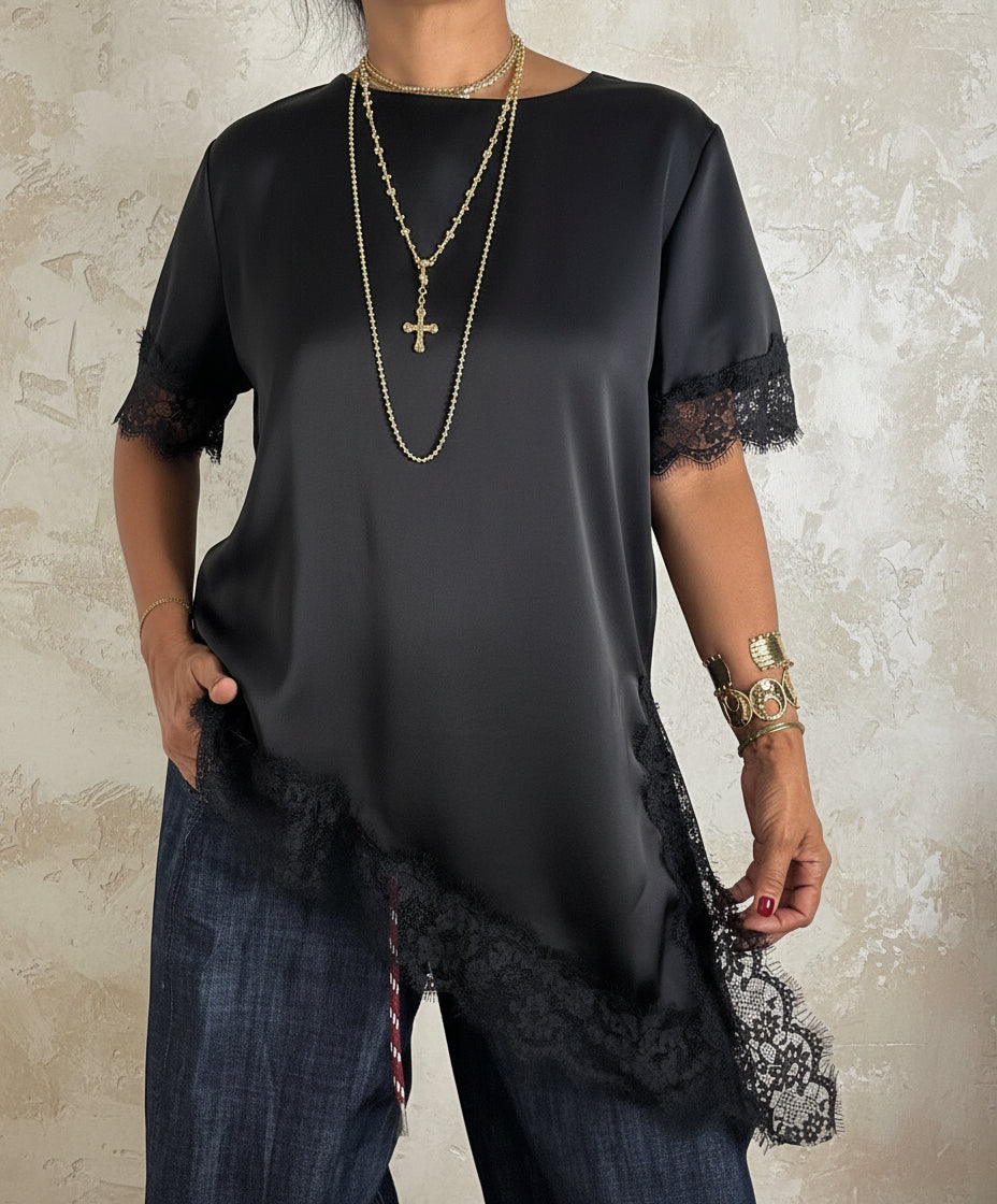 Lace Detail Asymmetrical Silky Boxy Top