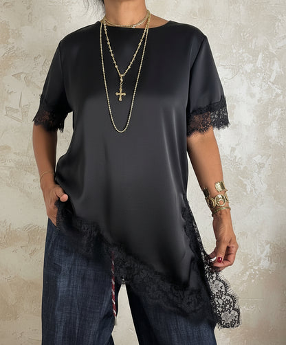 Lace Detail Asymmetrical Silky Boxy Top