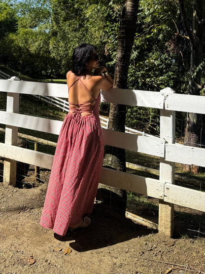Open Back Gingham Maxi Dress
