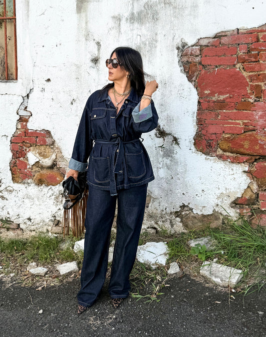 Belted Denim Jacket and Pants Set