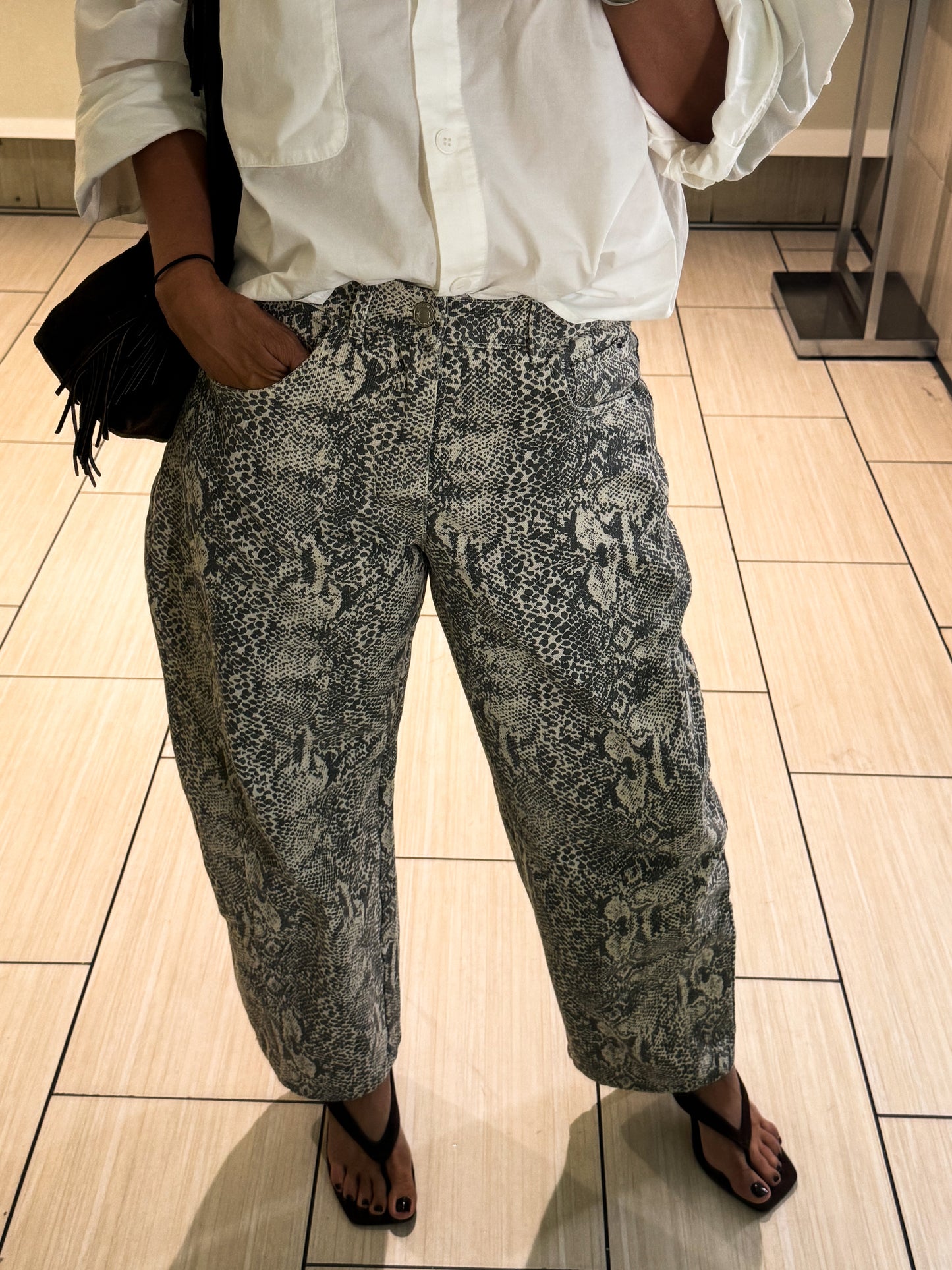 Snake Print Denim Barrel Pants
