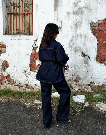 Belted Denim Jacket and Pants Set