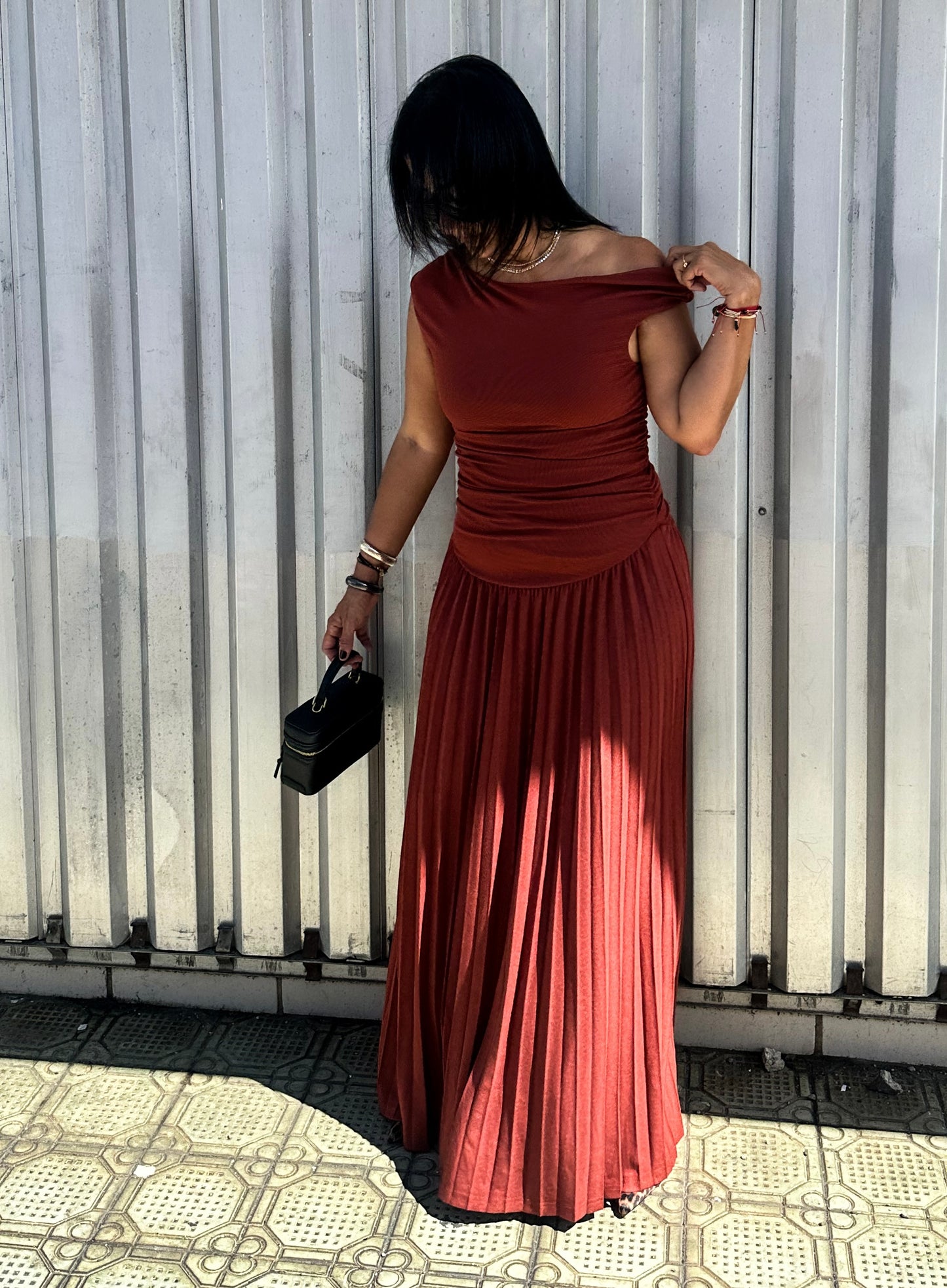 Spice Brown Body Pleated Maxi Dress