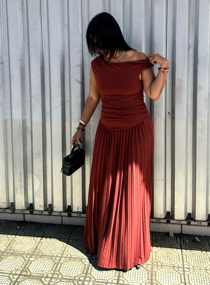 Spice Brown Body Pleated Maxi Dress