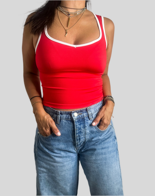 Contrast Binding Curve Neck Rib Tank