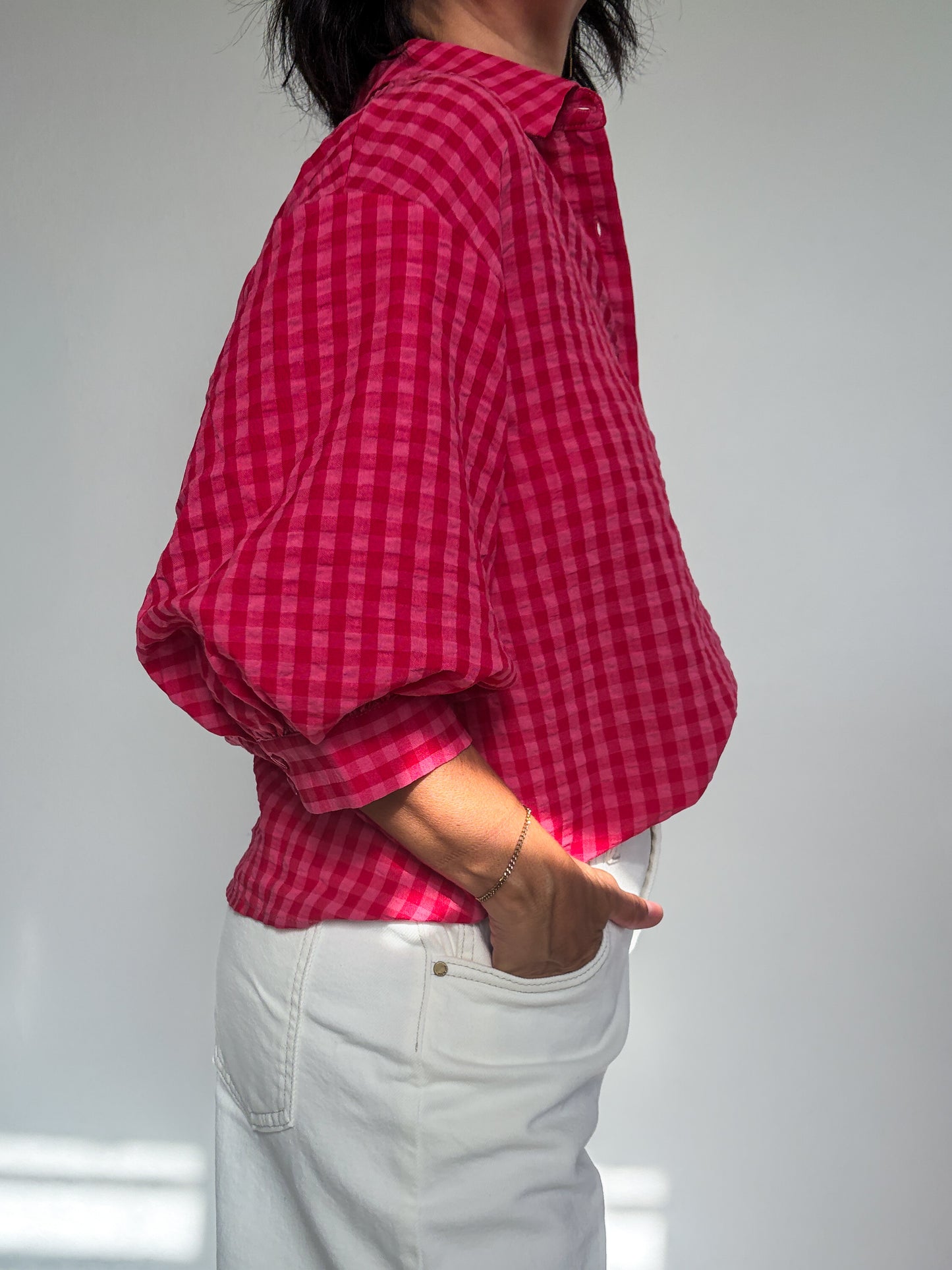 Gingham Bubble Sleeve Shirt Top