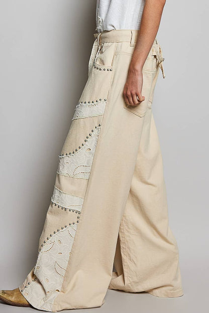 Metal Studs and Patchwork Details Pants
