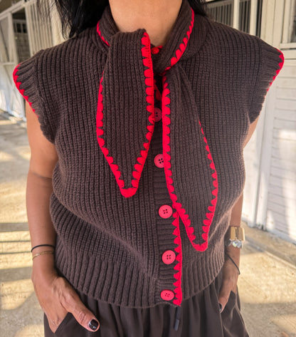 Brown and Red Tie Neck Top