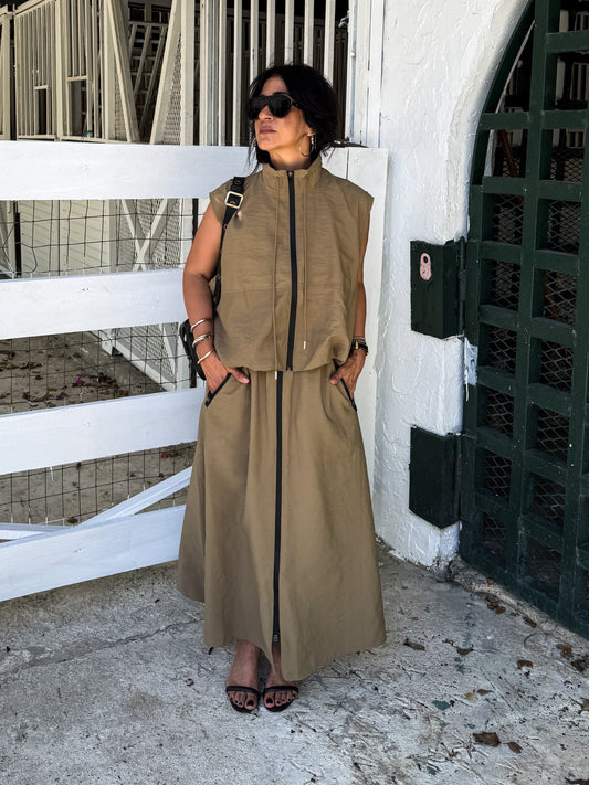 Khaki Zipper-Detail Skirt & Vest Set