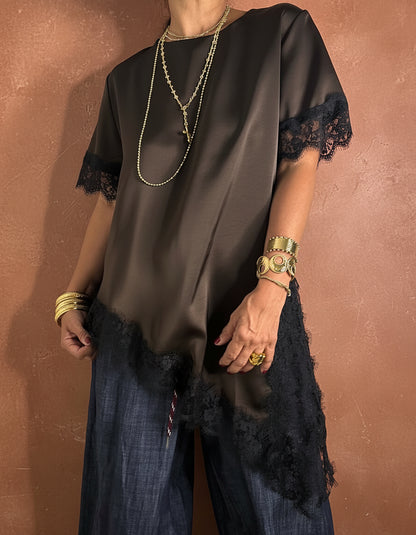 Lace Detail Asymmetrical Silky Boxy Top