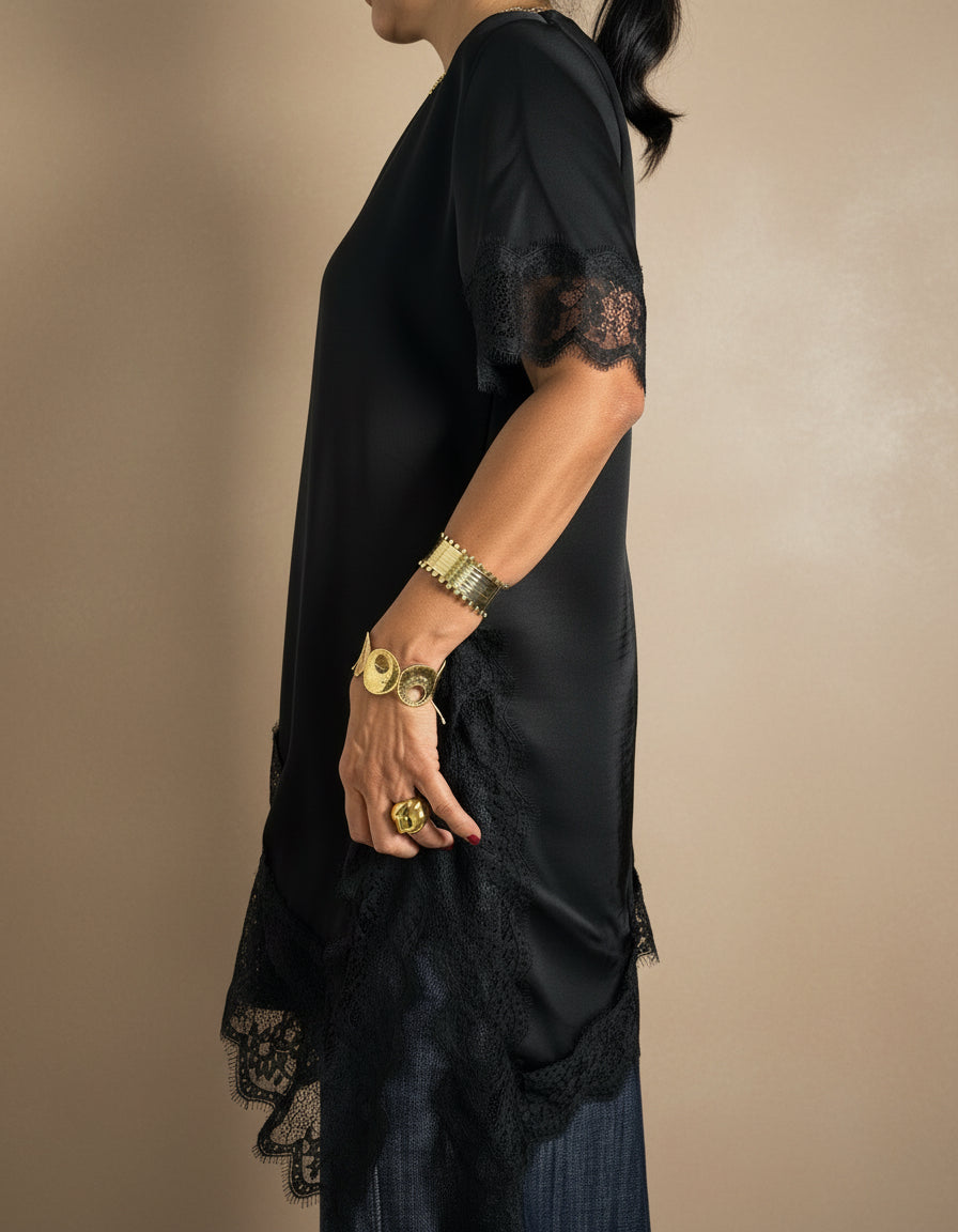 Lace Detail Asymmetrical Silky Boxy Top