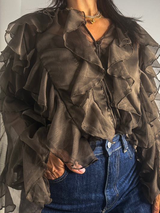 Espresso Layered Ruffle Sheer Blouse