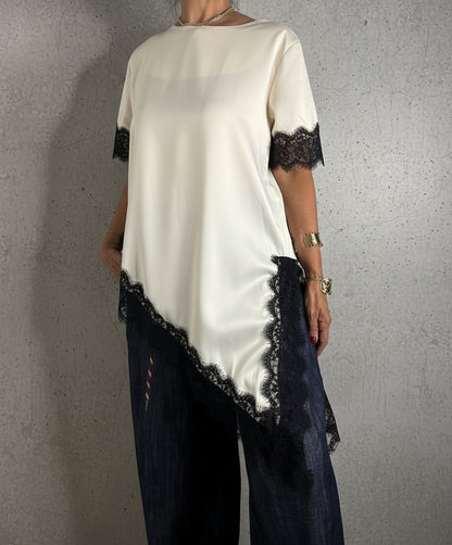 Lace Detail Asymmetrical Silky Boxy Top