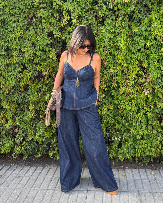 Denim Peplum Top and Pants Set