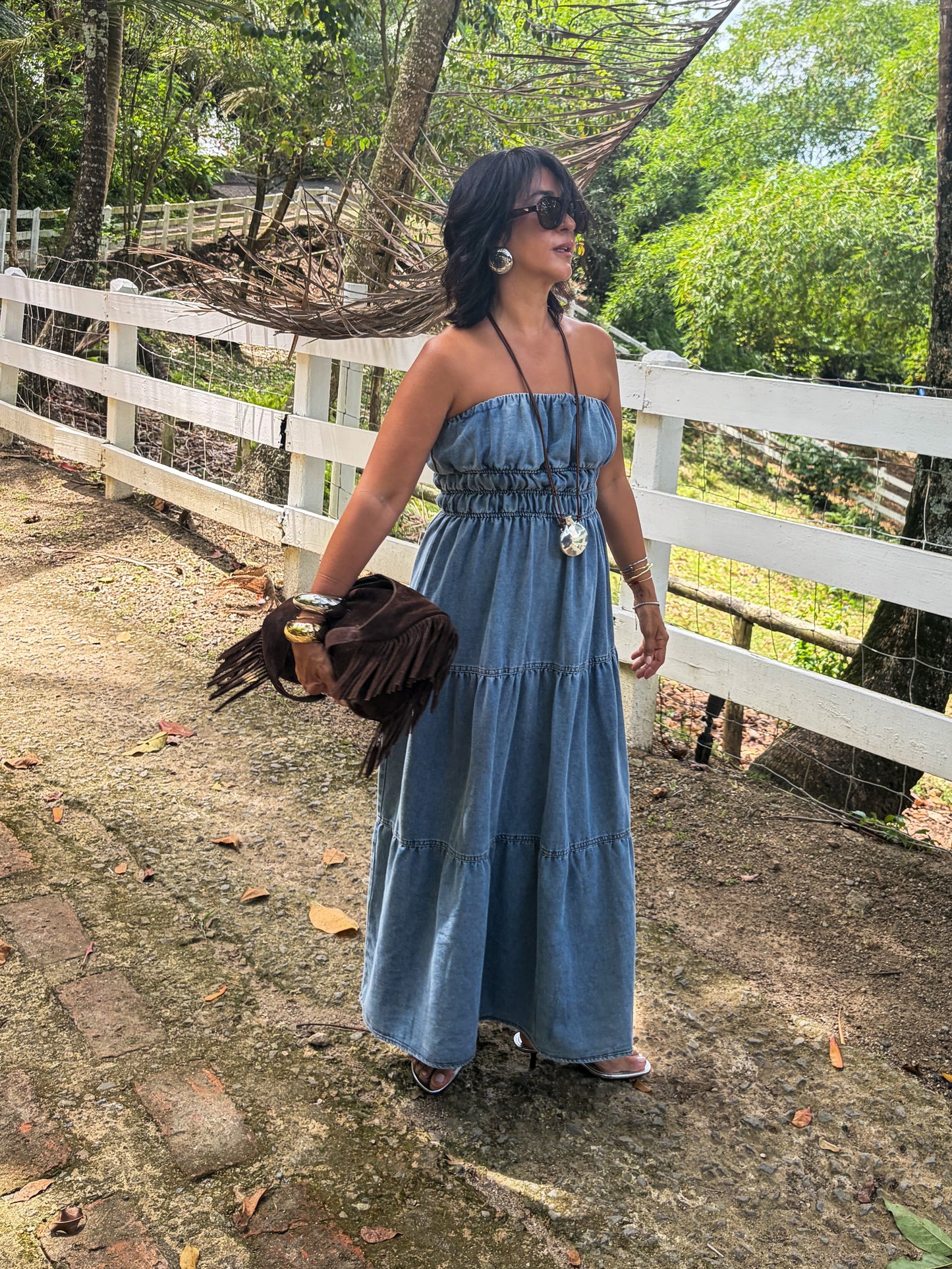 Strapless Tiered Denim Midi Dresd