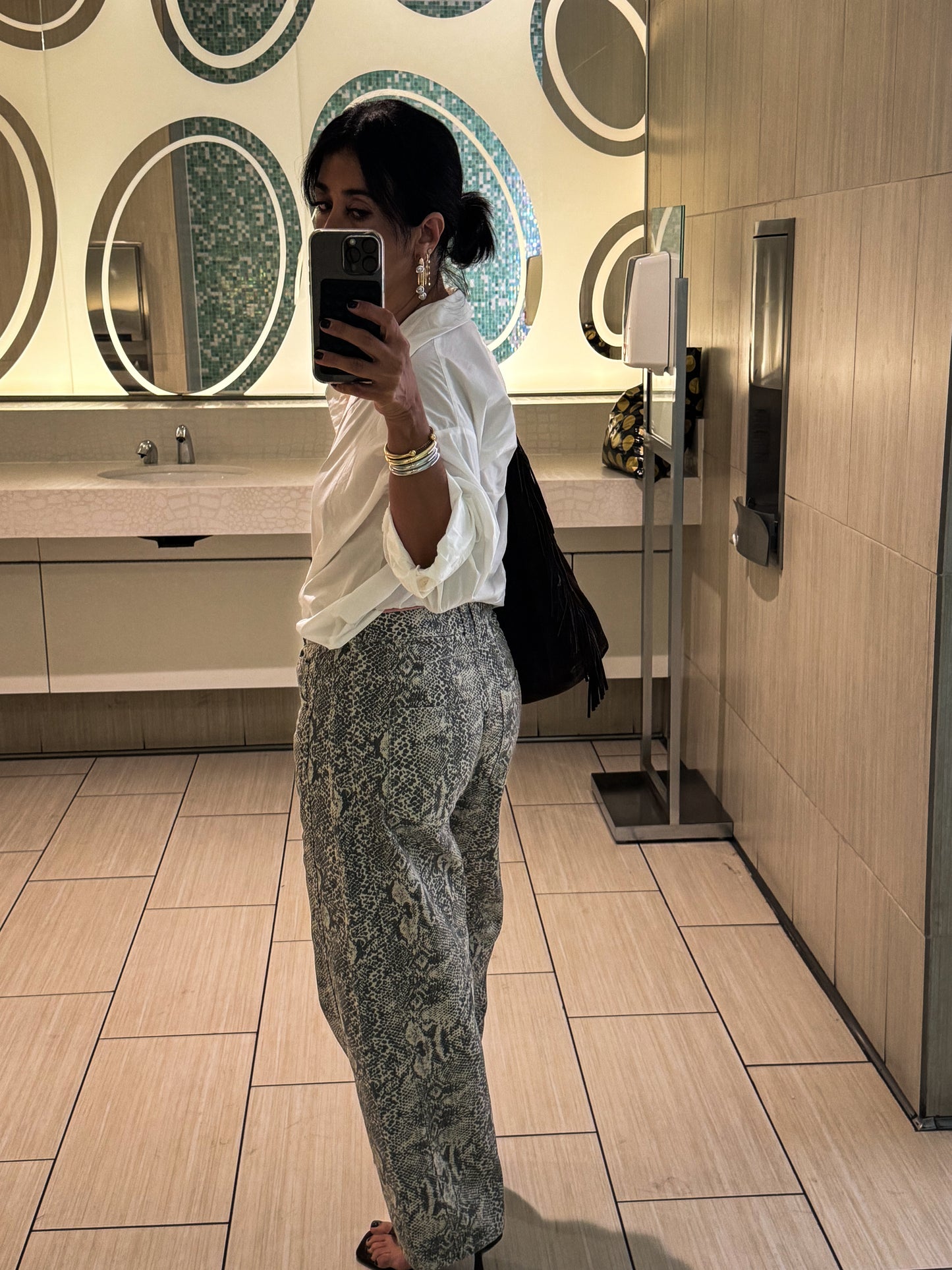 Snake Print Denim Barrel Pants