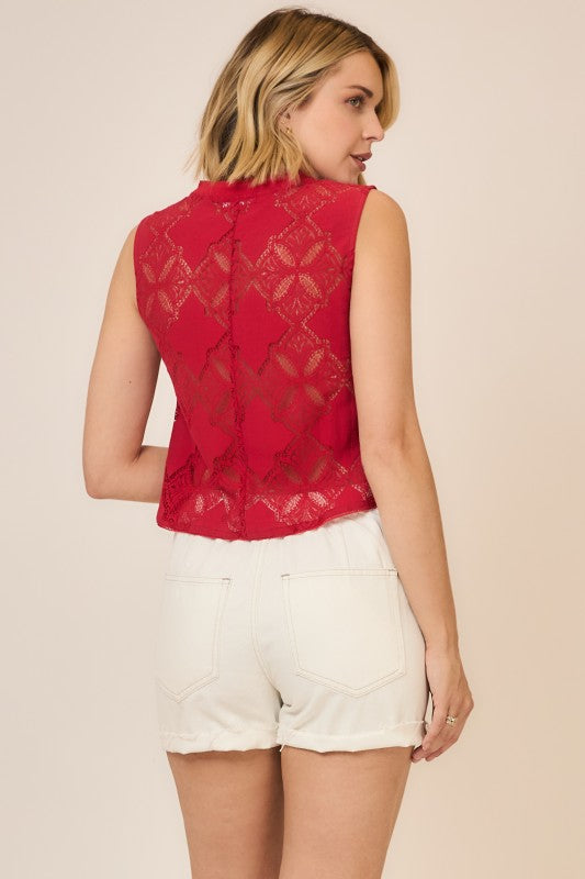 Red Lace Button Down Top
