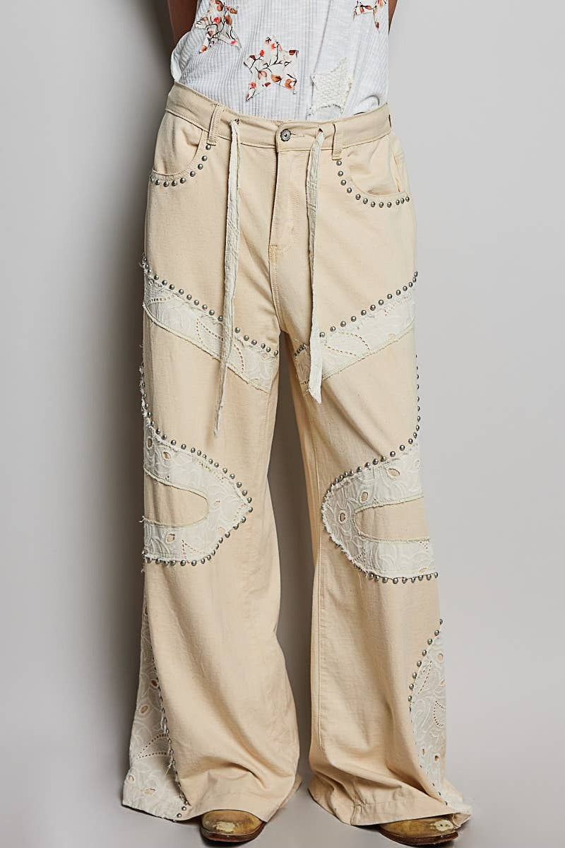 Metal Studs and Patchwork Details Pants