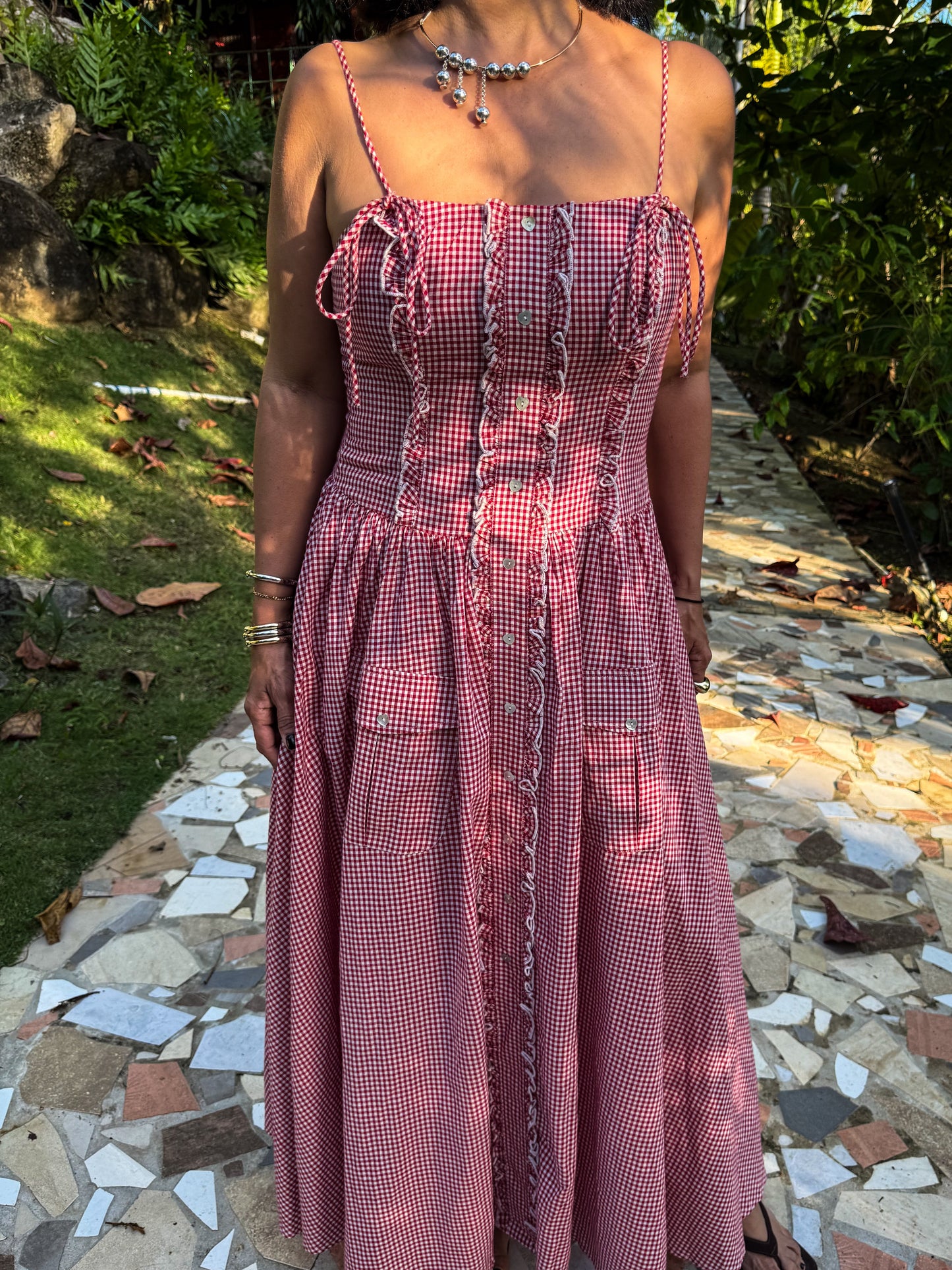 Gingham Plaid Ruffle Midi Dress