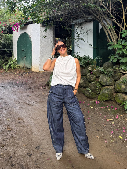 Lightweight Denim Studs Barrel Pants