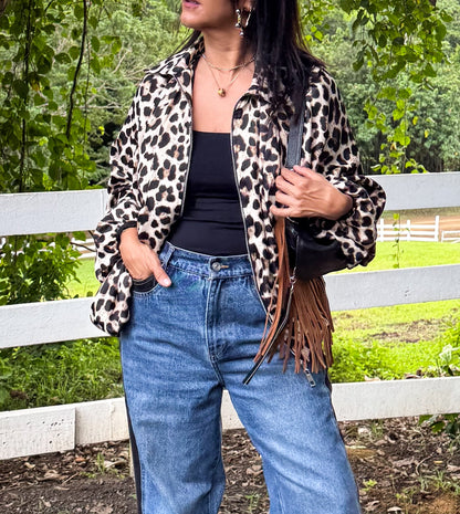 Animal Print Collared Bomber Jacket