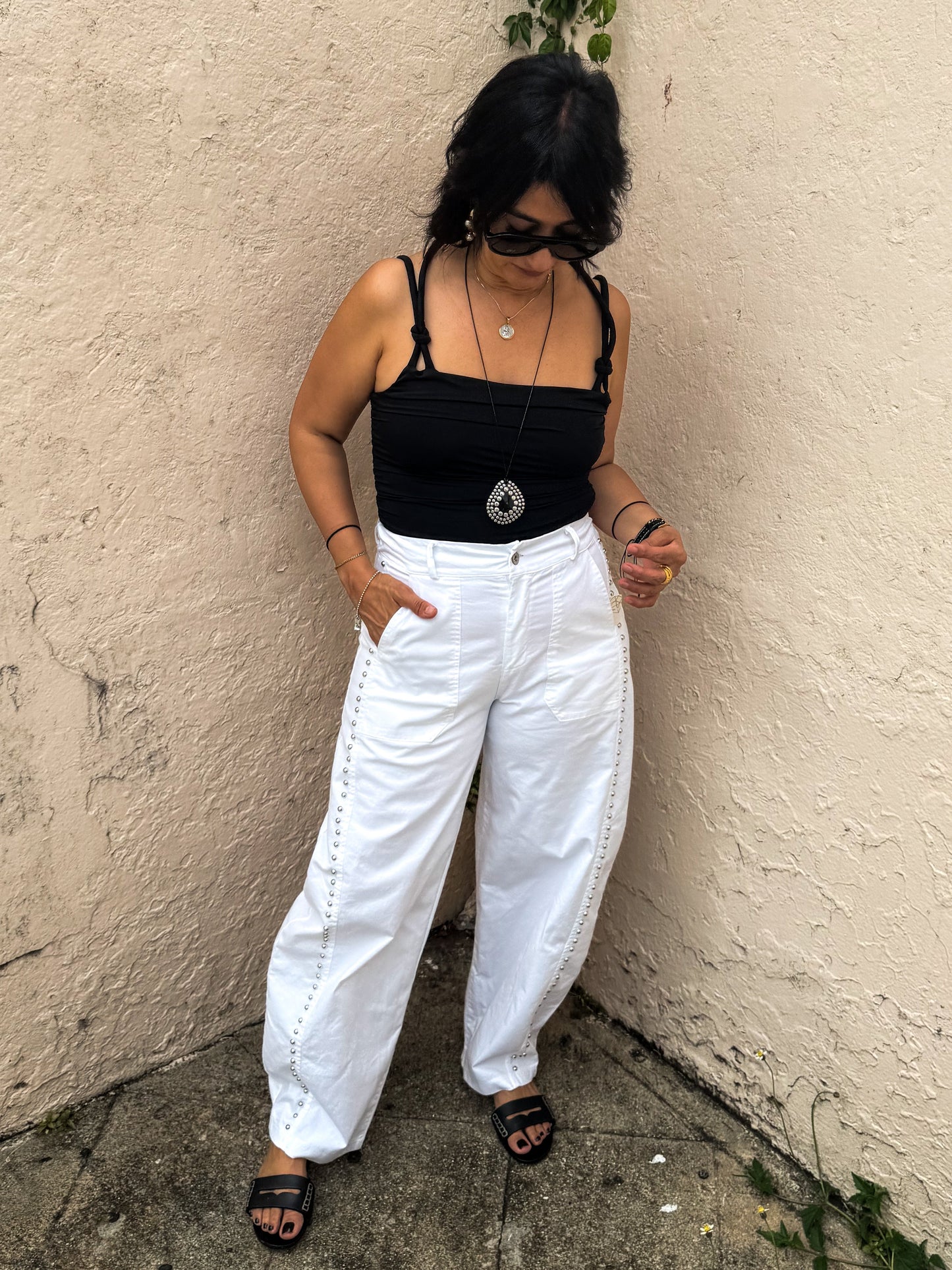 White Studs Barrel Pants