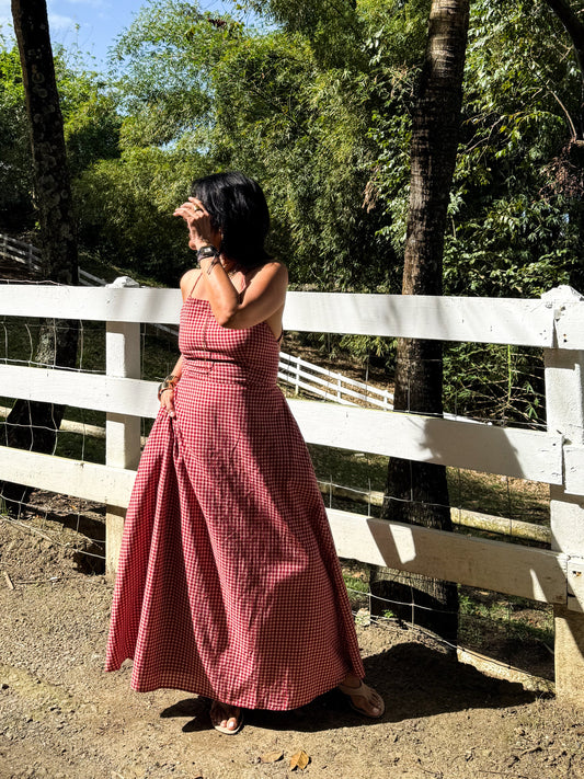 Open Back Gingham Maxi Dress